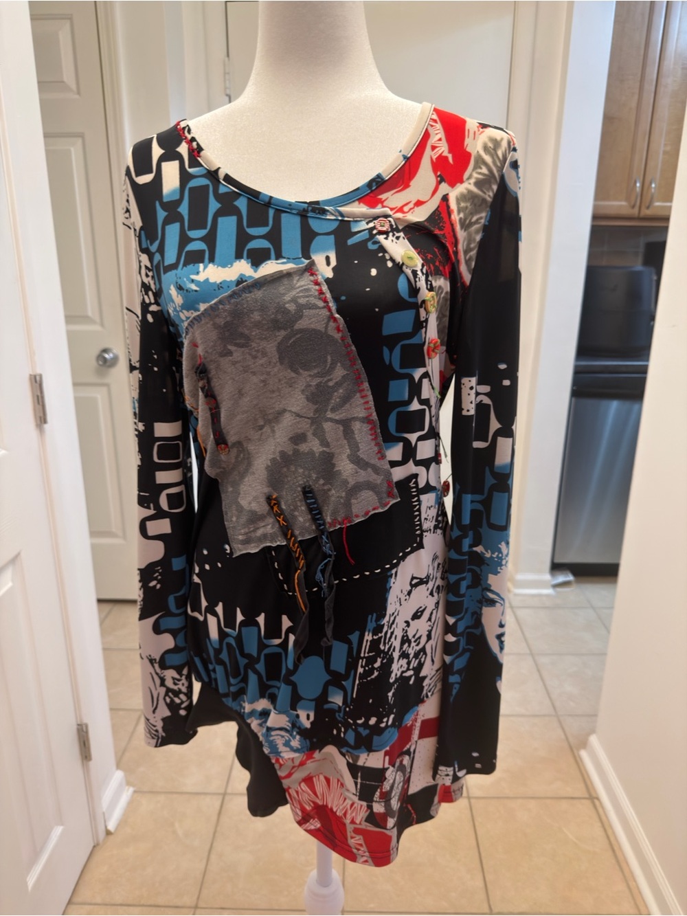 Abstract Patchwork Long Sleeve Top in Black, Blue & Red